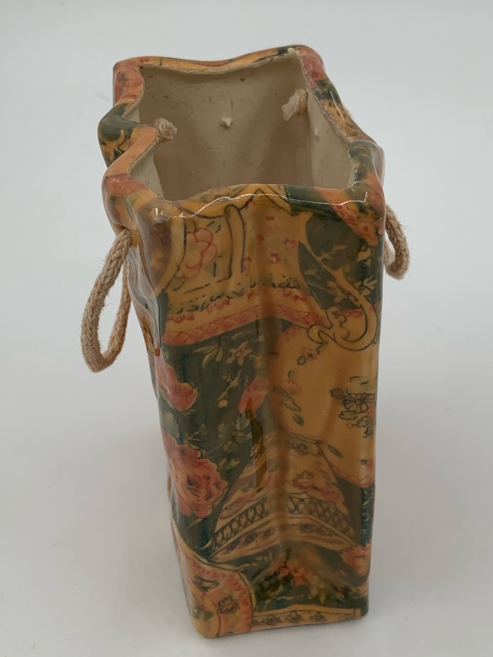 Floral Patchwork Ceramic Tote Vase with Rope Handle - Picture 2 of 6